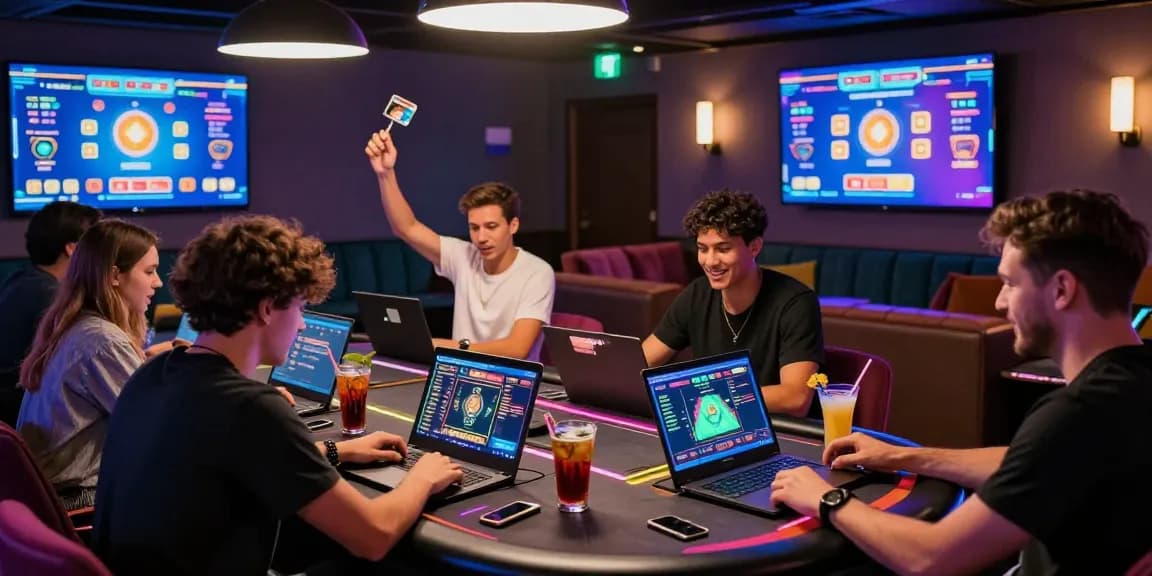 Players enjoying credit card casinos in a vibrant online gaming lounge.