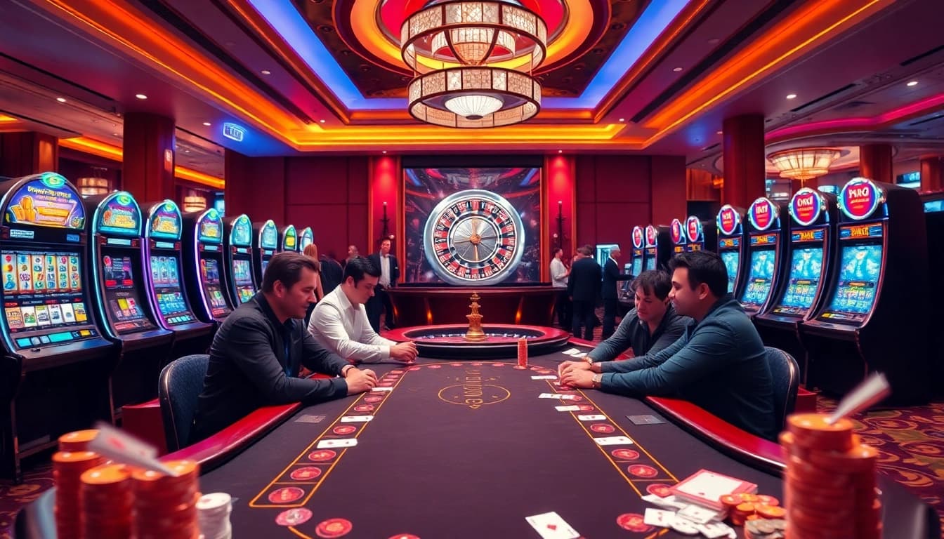 Experience the excitement of nn88 bet in a vibrant casino setting with a poker table and slot machines.