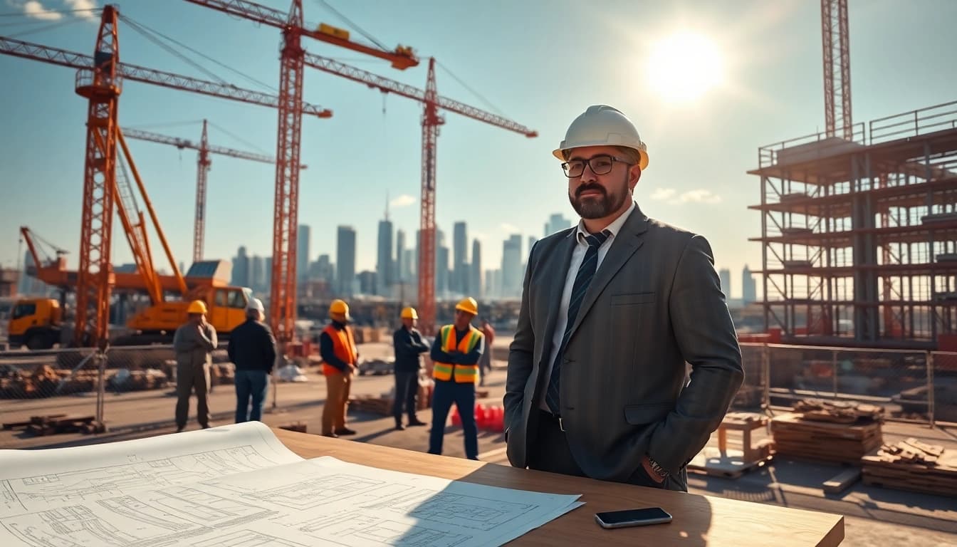 Construction developer leading a project at a construction site with blueprints in hand.