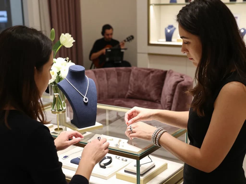 Jewelry display showcasing fine pieces on their website in an elegant boutique.