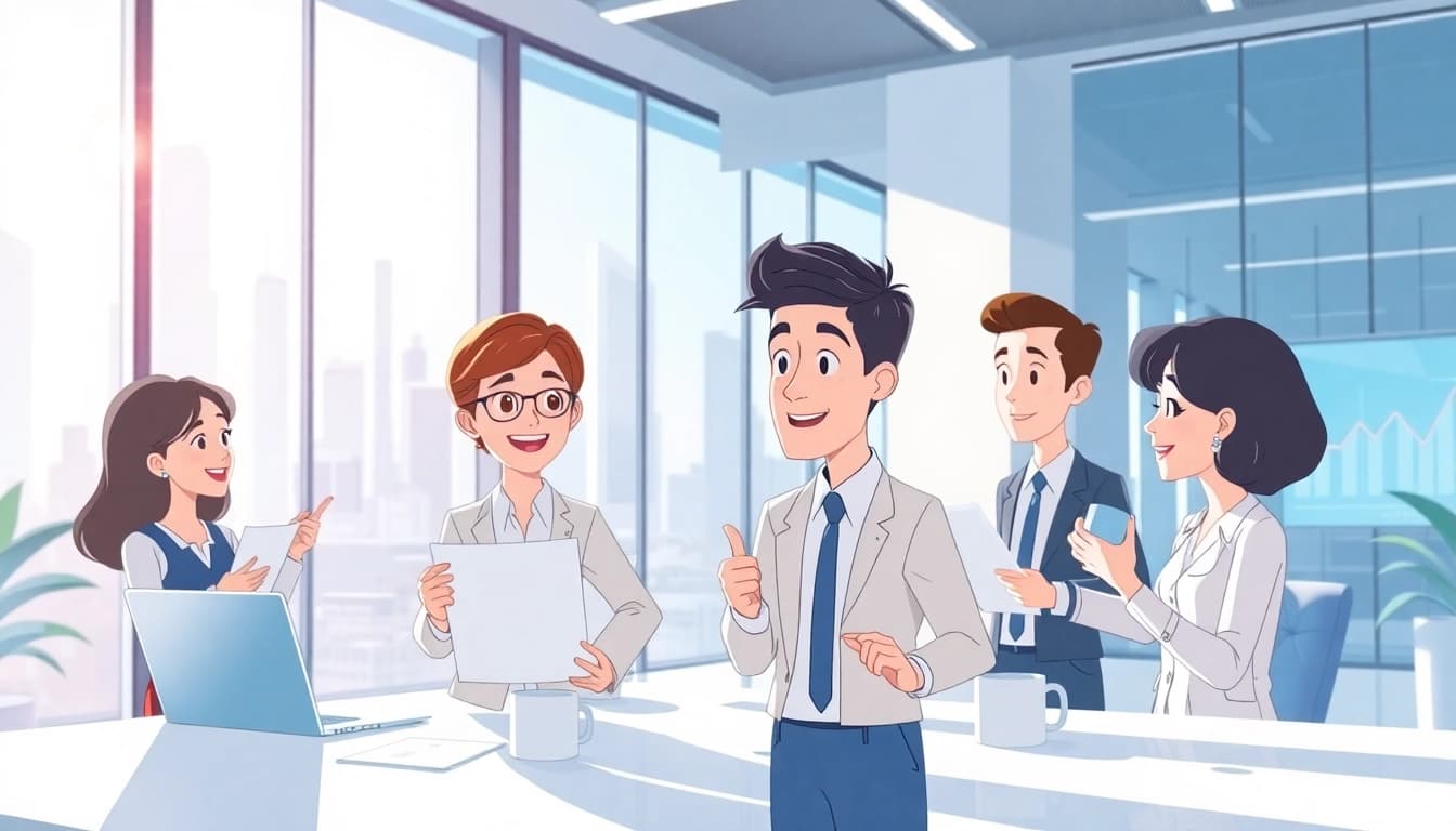 Unternehmensanimation im modernem Büroumfeld mit kreativen Geschäftspräsentationen.