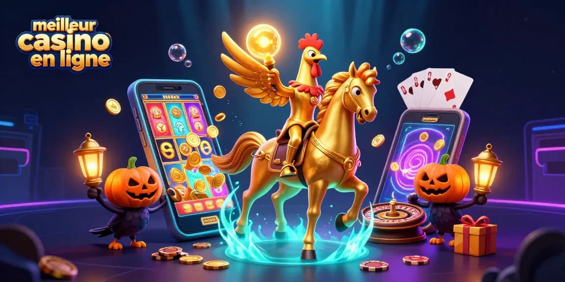 Visualisez le meilleur casino en ligne avec un coq doré portant sa tête lumineuse, captivant l’univers des jeux.