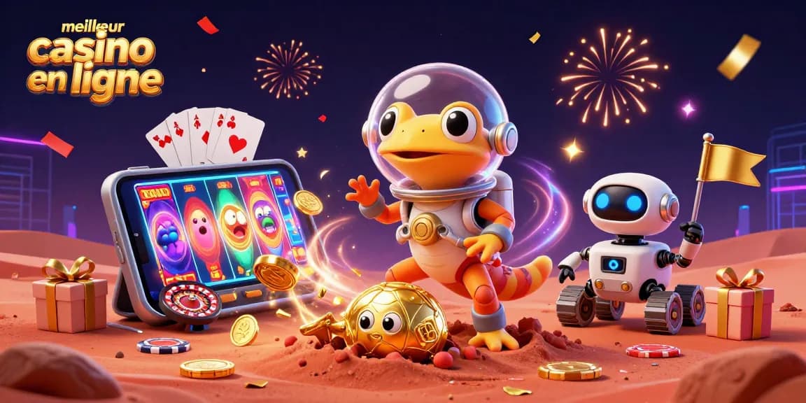 Profitez des meilleures expériences de jeu avec le meilleur casino en ligne, illustré par un lézard martien et des éléments de casino.