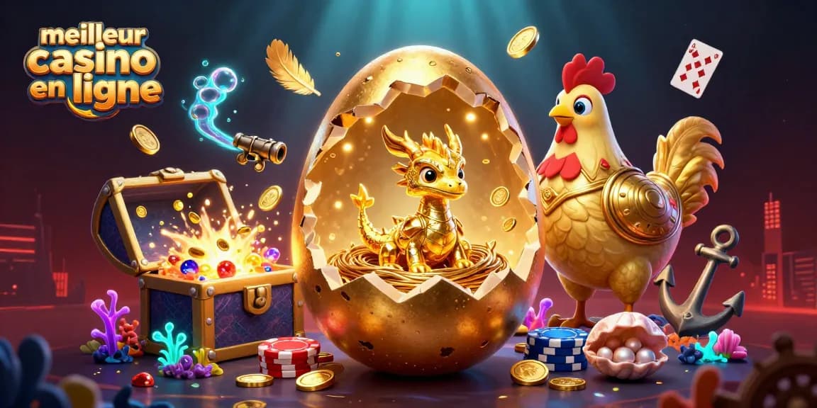 Visualisez le meilleur casino en ligne avec un dragon doré et des jetons de poker expliquant la chance.