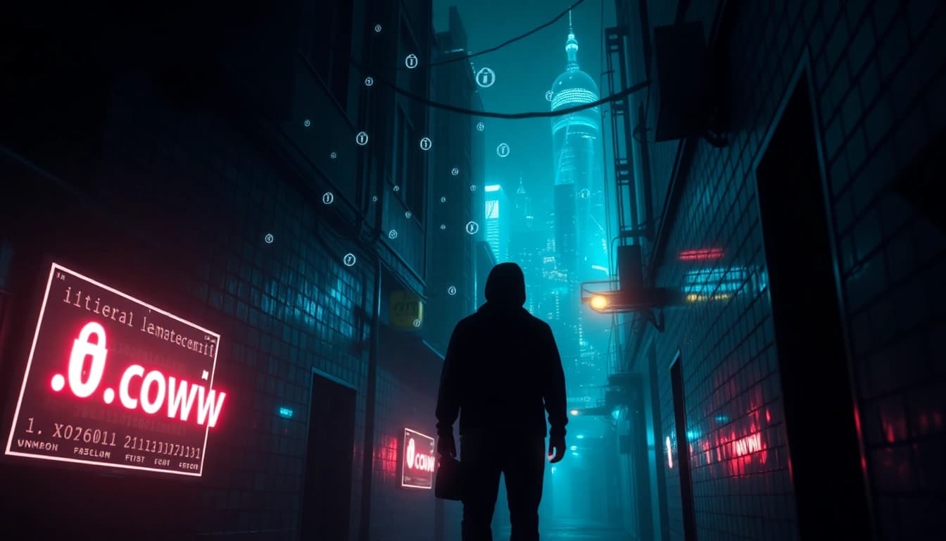 The hidden wiki dark web illustrated through a mysterious alleyway with glowing screens and shadowy figures, evoking intrigue and caution.