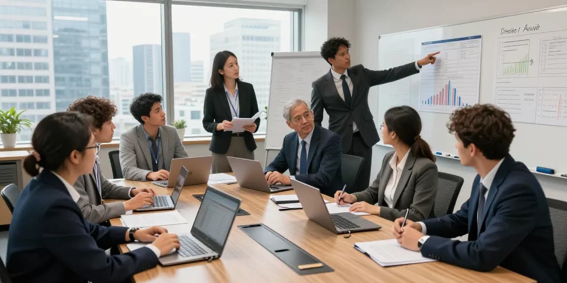 Perjumpaan profesional AAFI KOTA SURABAYA dalam ruangan modern dengan anggota berkerja sama pada proyek audit forensik.
