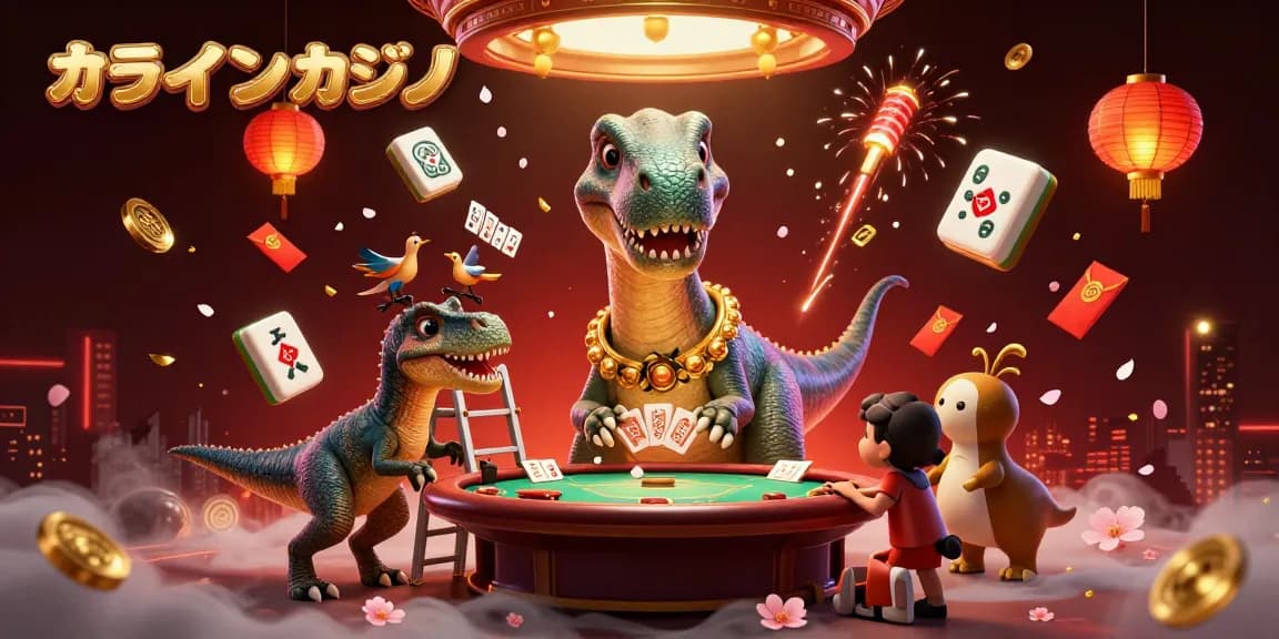 オンラインカジノでのエキサイティングな体験を体現した、巨大な恐竜が小さなポーカーテーブルを見下ろすシーン。