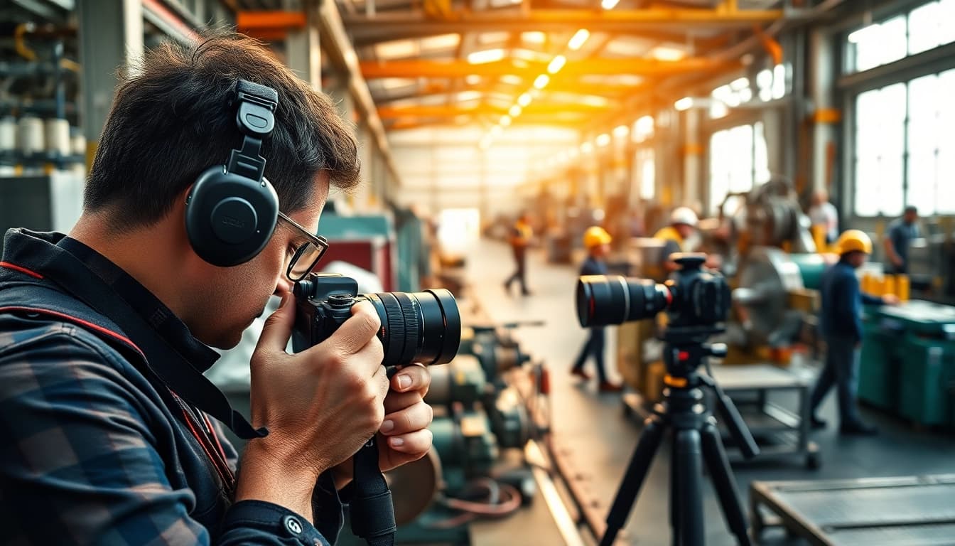 Fotografo Industriale in azione, cattura immagini di processi produttivi in un ambiente di lavoro dinamico.