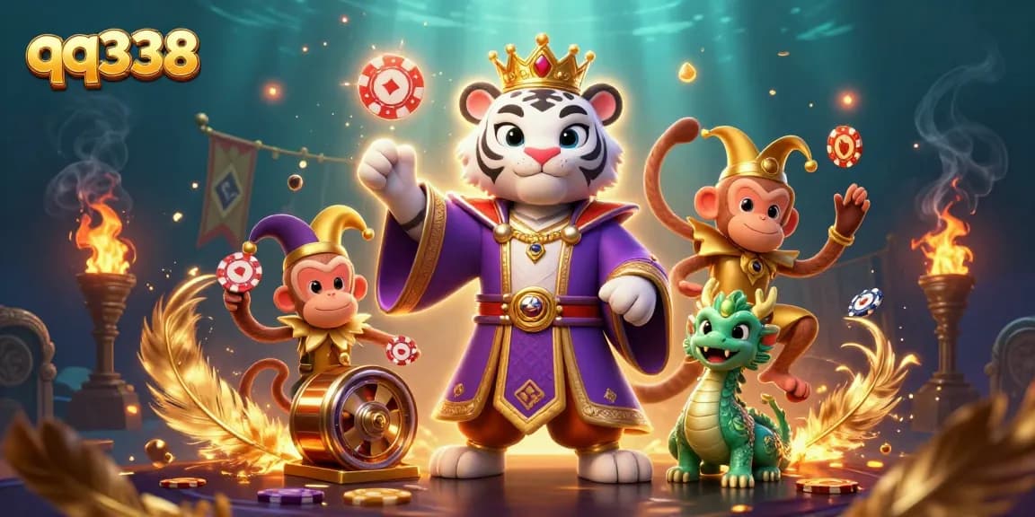 Engage with qq338's vibrant 3D casino scene featuring a royal tiger and playful monkey, showcasing exciting gameplay.