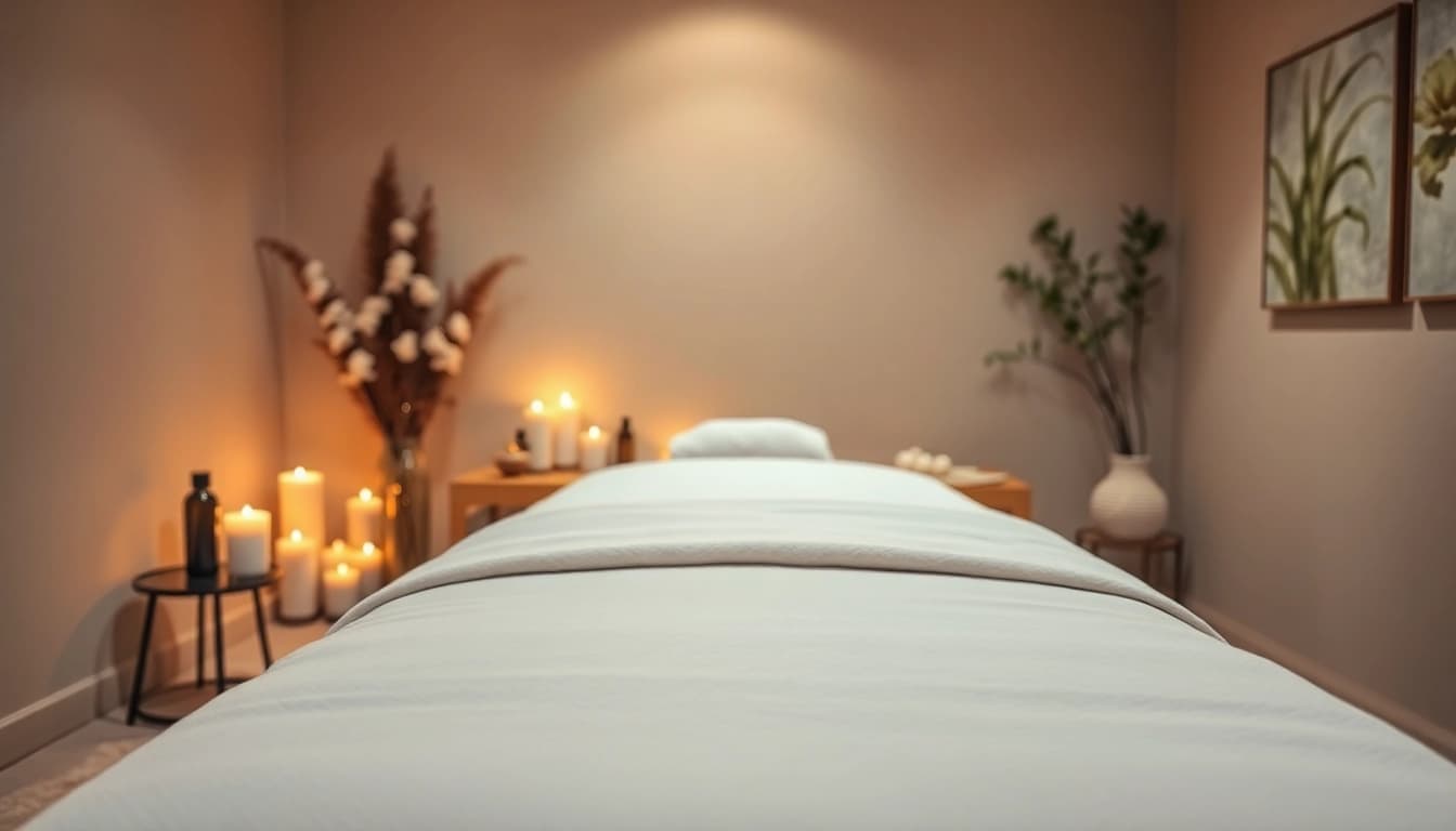 Experience deluxe 출장안마 in a tranquil massage room with ambient lighting and soothing decor.