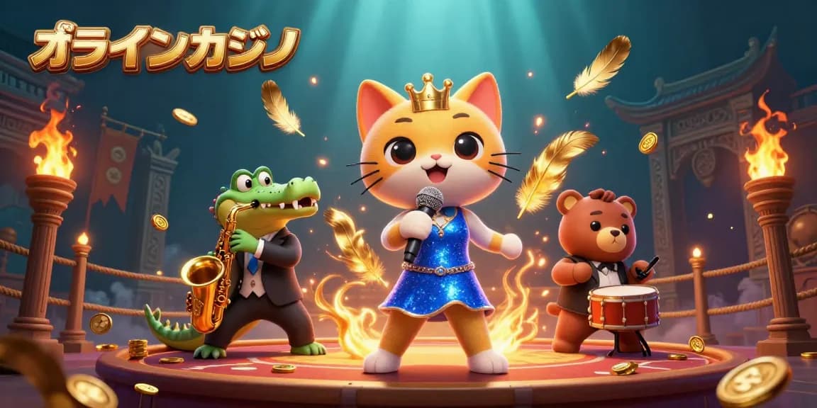 オンラインカジノでの楽しい瞬間、猫のジャズシンガーが舞台で歌い、クロコダイルとクマの子供が楽器を演奏。