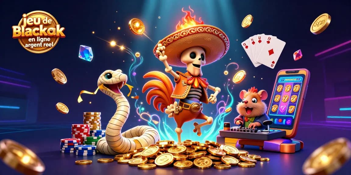 Gagnez au jeu de blackjack en ligne argent réel avec une scène dynamique remplie de joyaux et de pièces d'or.