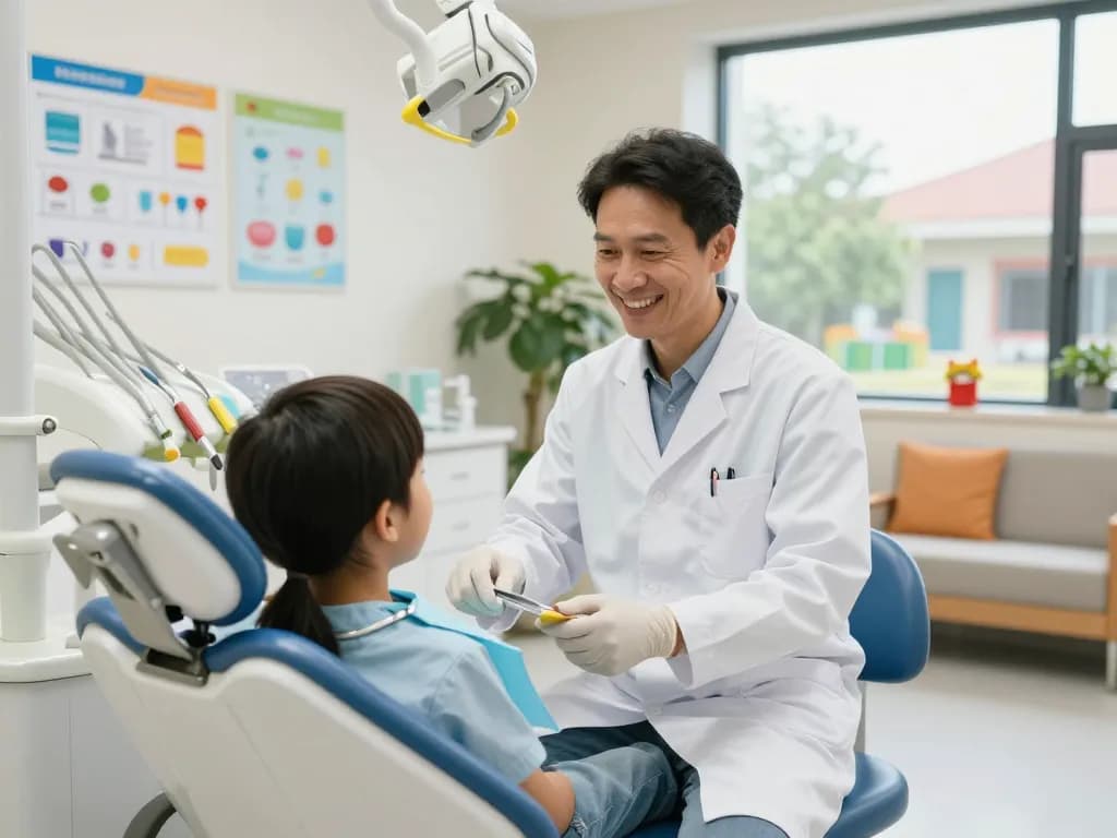 Discover quality dental care at https://kaizendental.com.my/ with a friendly dentist and child in a modern clinic.