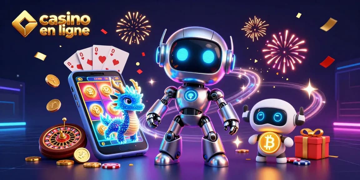 Jouer à un casino en ligne avec un robot futuriste et un dragon holographique entouré de jeux lumineux.
