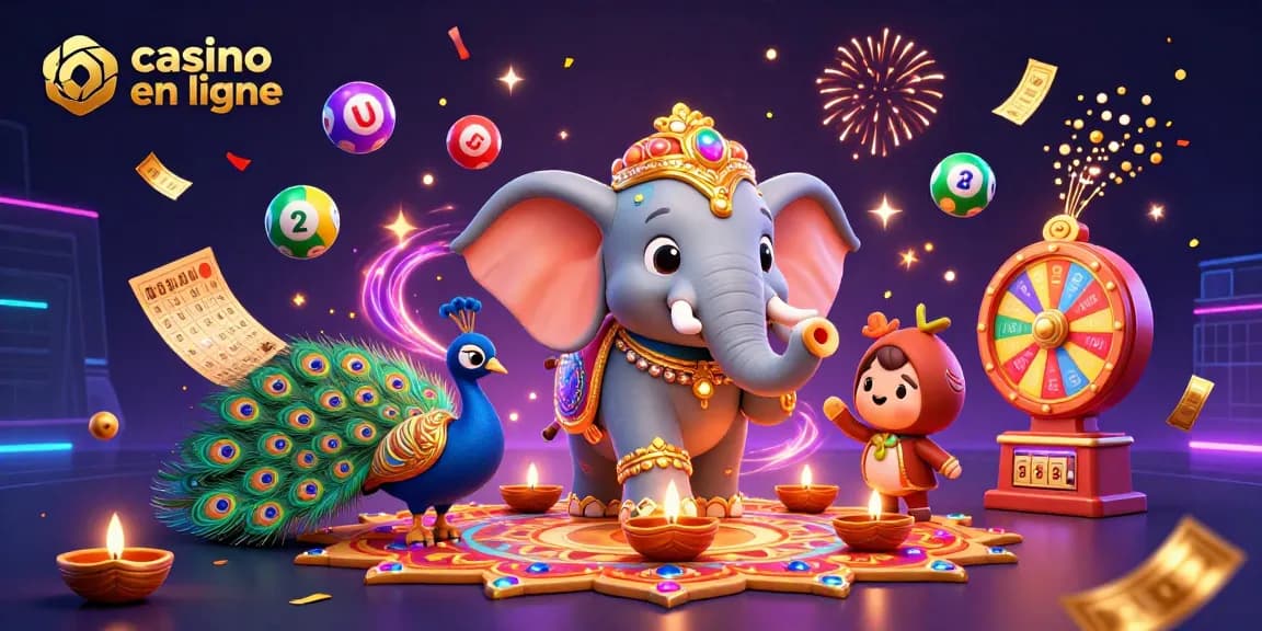 Rejoignez le casino en ligne avec notre illustration festive d'un éléphant et un paon.