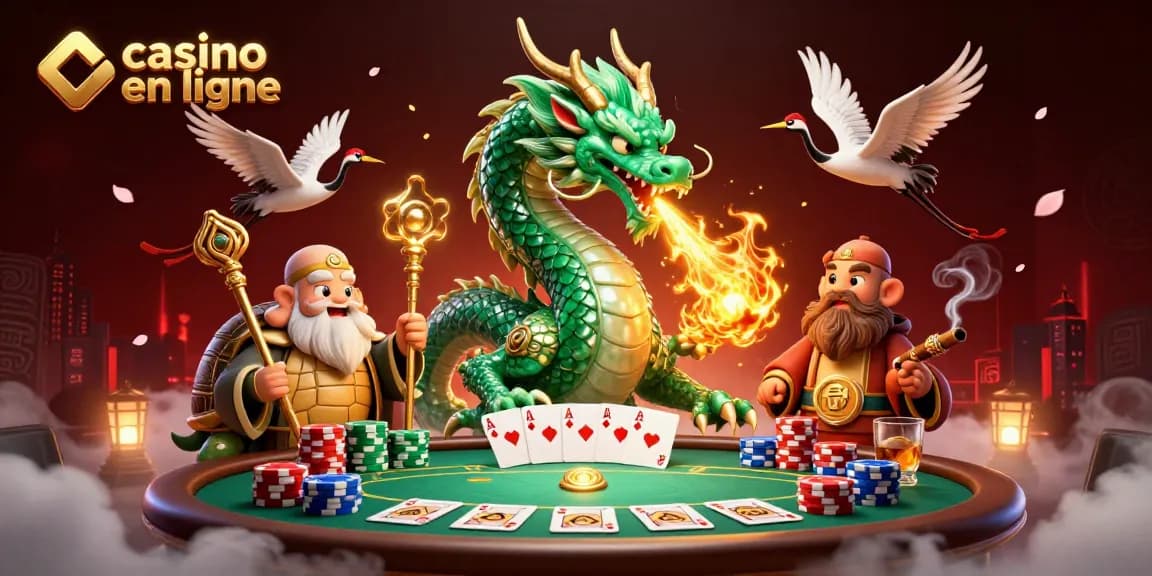 Une illustration captivante de casino en ligne avec un dragon, une tortue sage et des grues chanceuses.