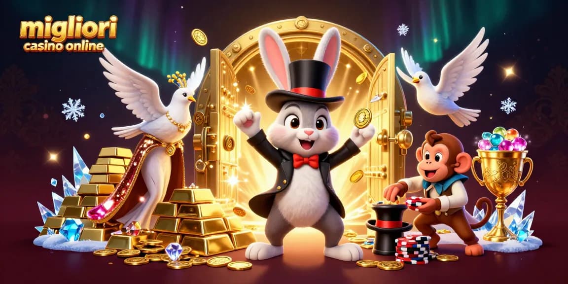 Migliori casino online: vivi la magia dei giochi d'azzardo con il coniglio mago mentre distribuisce monete d'oro.
