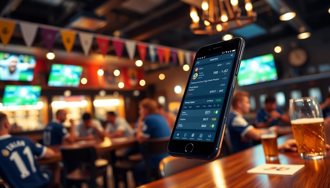 Track บ้านบอลผลบอล in a dynamic sports bar environment showing live app interface.