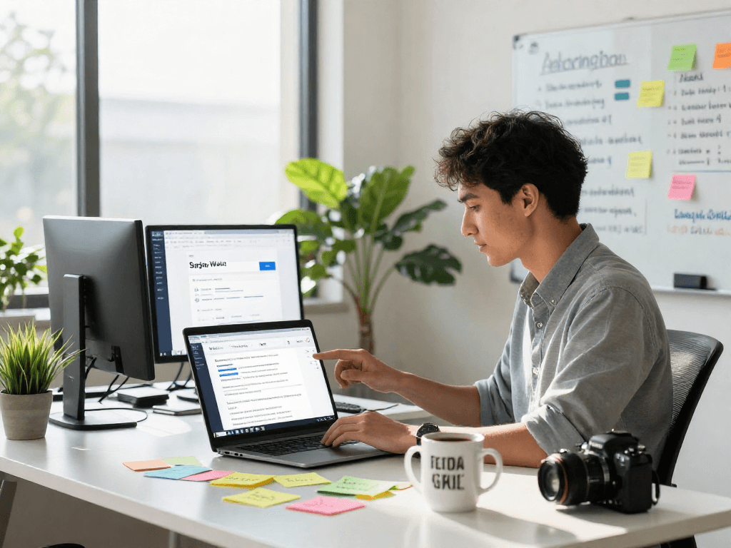 El registro de dominios en una oficina de marketing digital con un especialista analizando estrategias en su laptop.