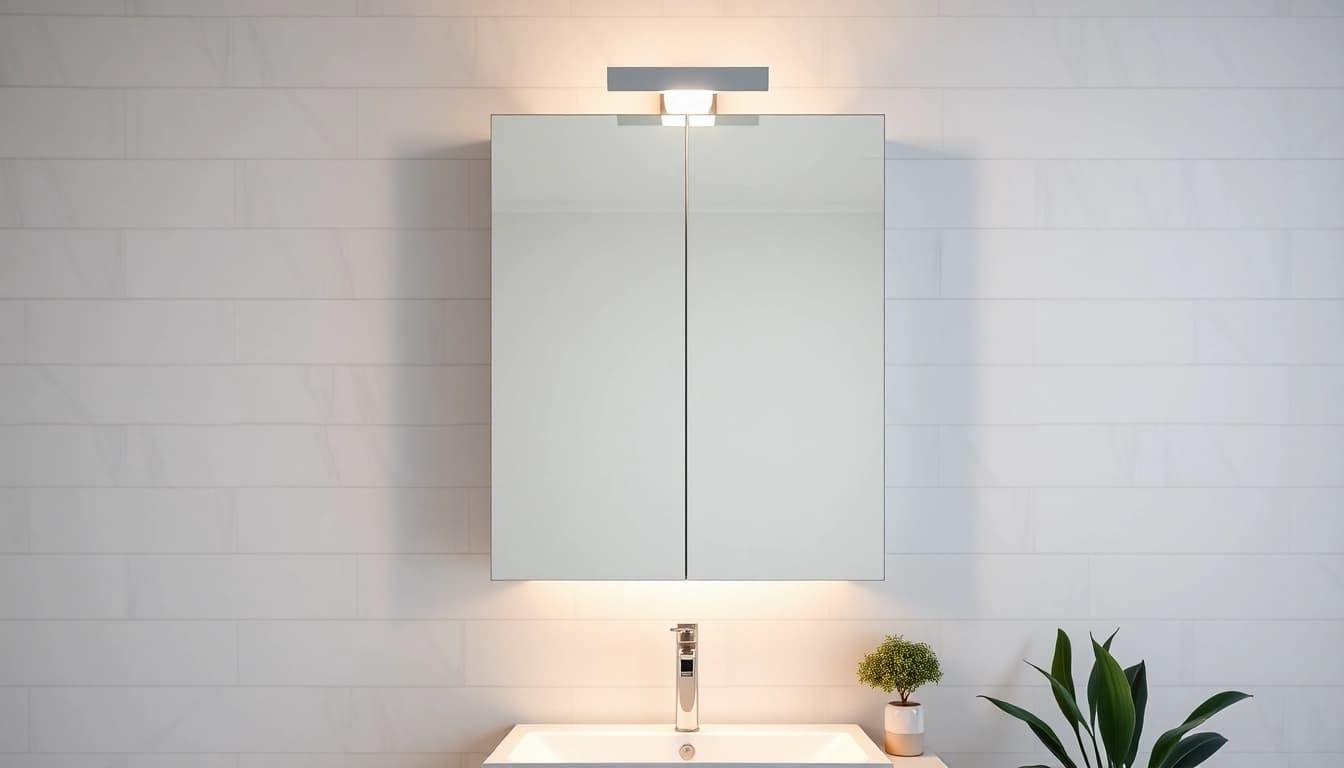 Bright mirrored bathroom cabinet with light reflecting elegance in a stylish bathroom.