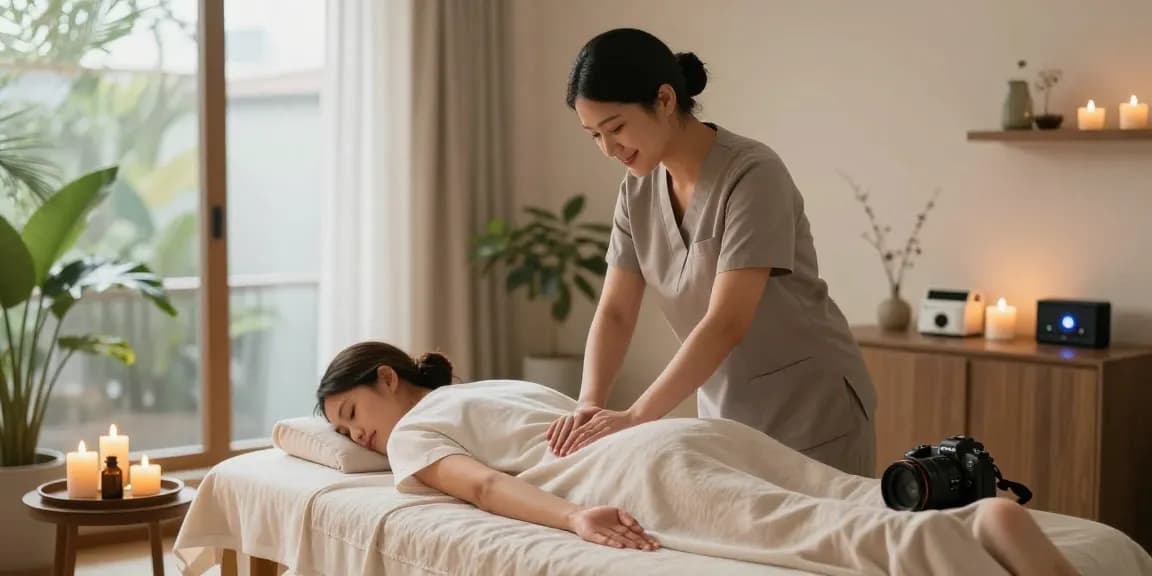 논현동출장마사지에서 편안하게 마사지를 받고 있는 고객과 전문 관리사 모습