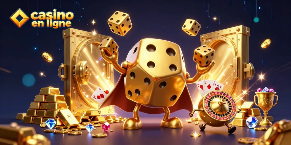 Gagnez en jouant au casino en ligne avec un golem de dés dorés et des trésors étincelants.