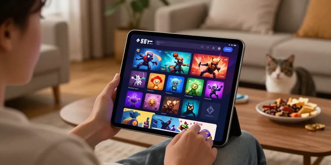 Pengguna menikmati cipung138 di tablet dengan berbagai permainan interaktif di ruang tamu yang nyaman.