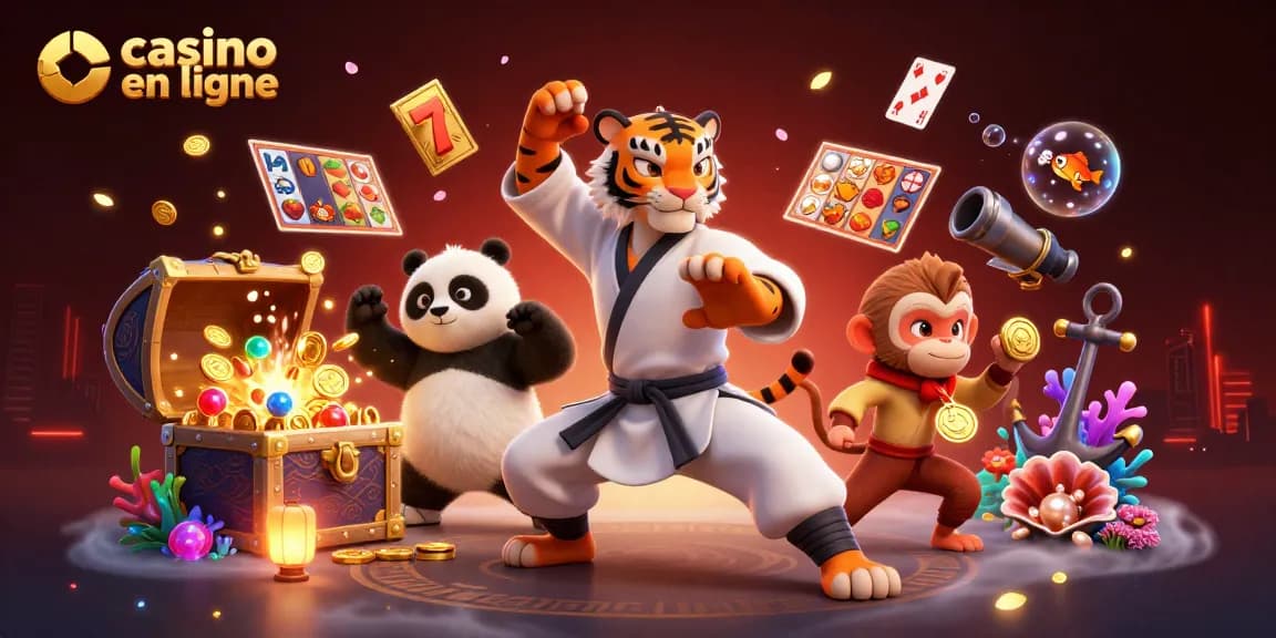 Casino en ligne : illustration dynamique de personnages de kung-fu dans un casino vibrant avec des machines à sous.