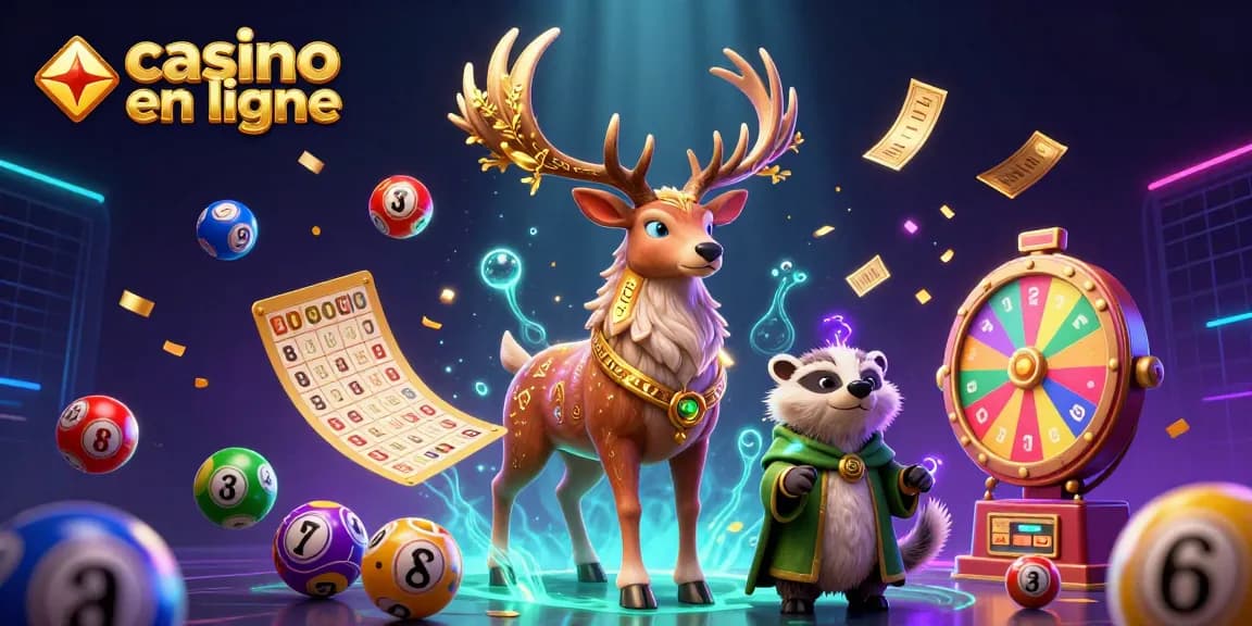 Jouez à des jeux captivants de casino en ligne avec un druid stag, des boules de loterie colorées et une ambiance mystique.