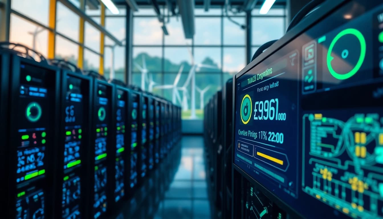 Dogecoin cloud mining profit displayed on a digital screen in a high-tech mining facility.