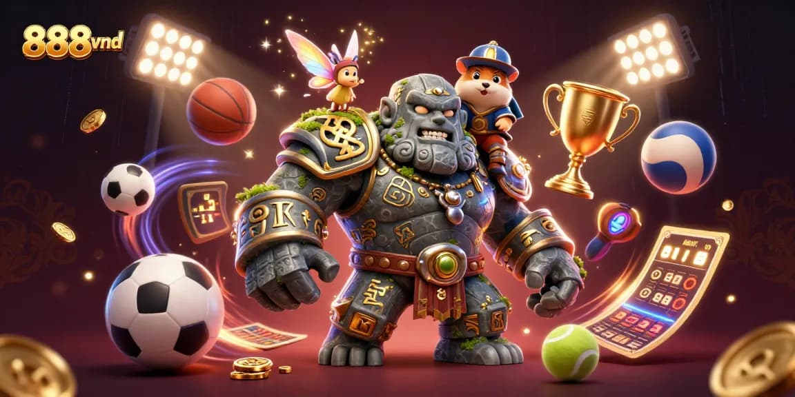 Experience 888vnd's thrilling casino action with a mystical golem, fairy magic, and sports excitement.