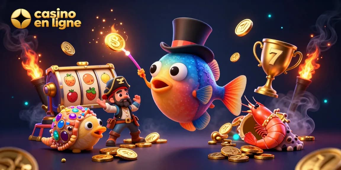 La scène dynamique de casino en ligne avec un poisson-lanterne attirant des pièces d'or et des symboles de jeu.
