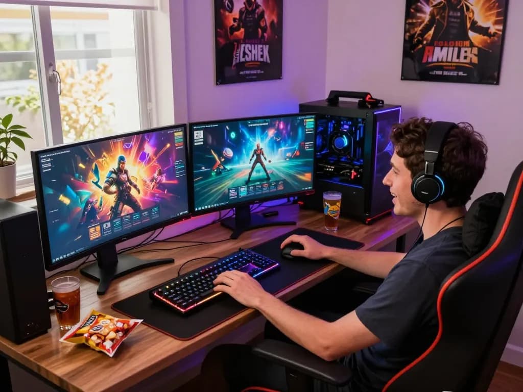 Player enjoying online porn games in a vibrant gaming setup with multiple screens.