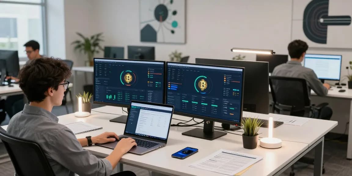 Cloud mining company workspace with cryptocurrency analytics and modern tech accessories.