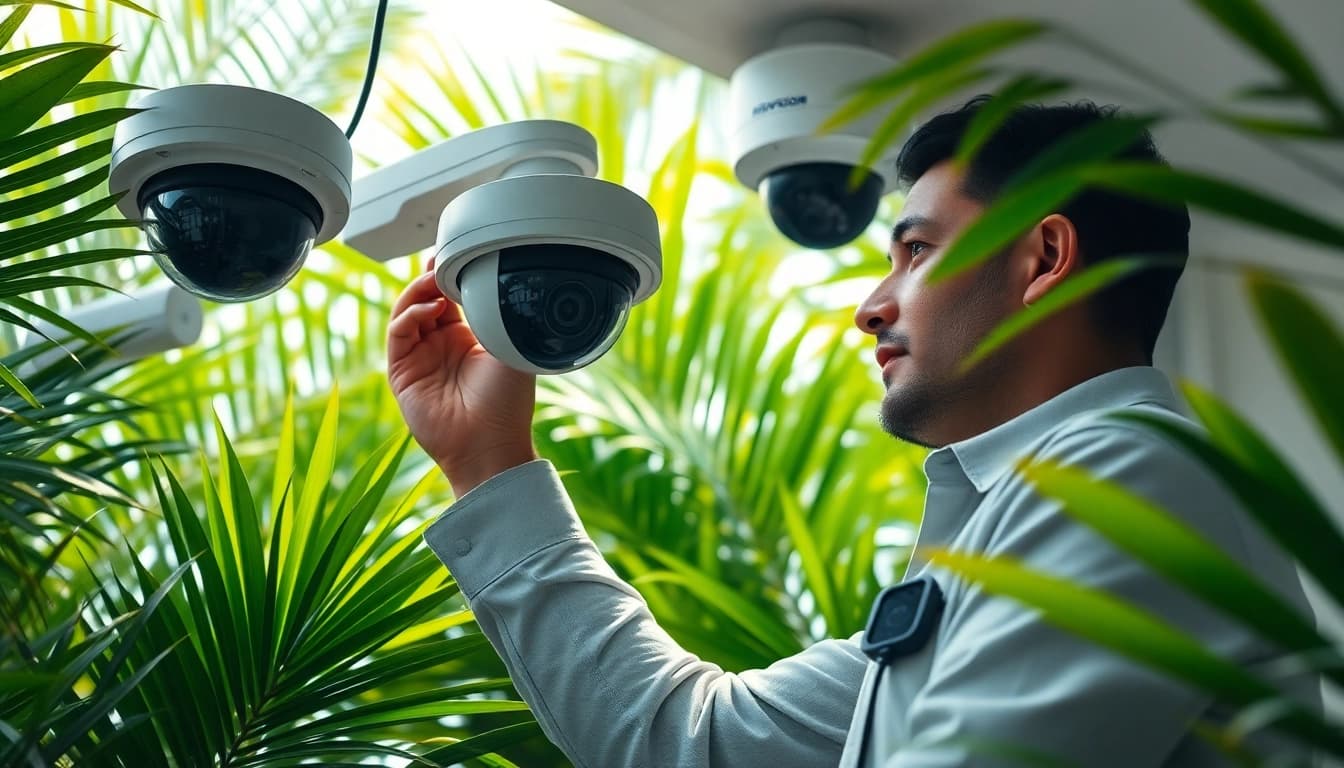 Cámaras de seguridad en Guanacaste siendo instaladas por un técnico entre vegetación tropical, mostrando tecnología avanzada.