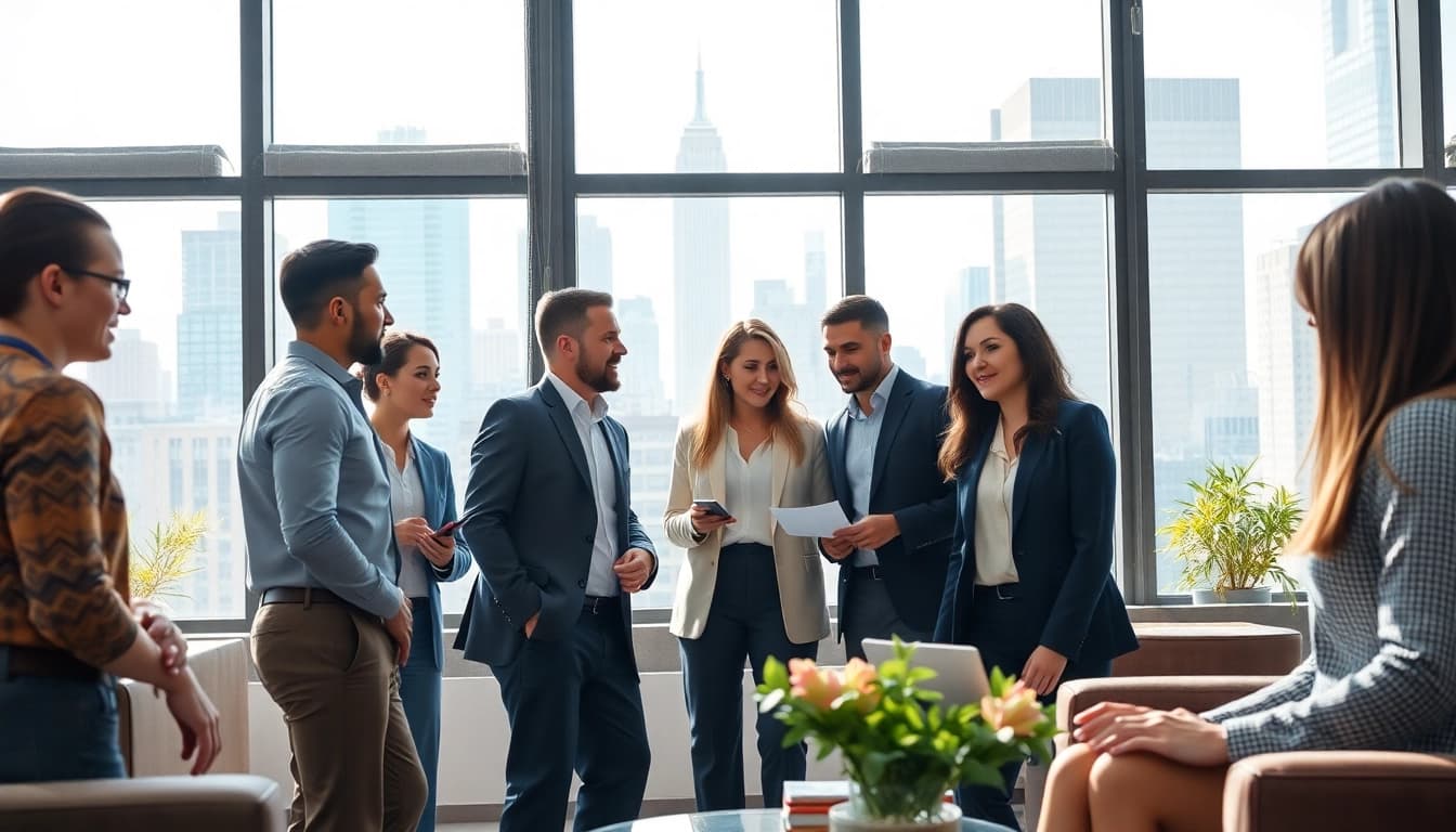 Engaged professionals discussing new york jobs in a vibrant New York City office.