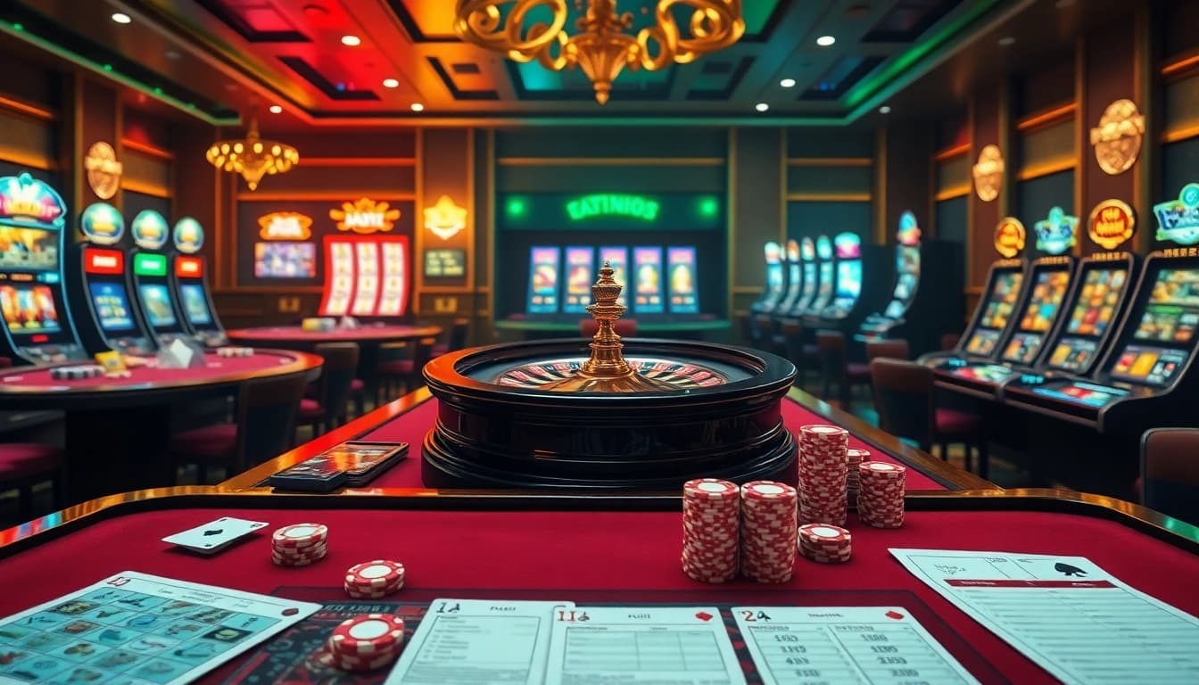 Environnement de casino en ligne excitant présentant casino en ligne argent réel France avec des tables vibrantes, des jetons et de la roulette.