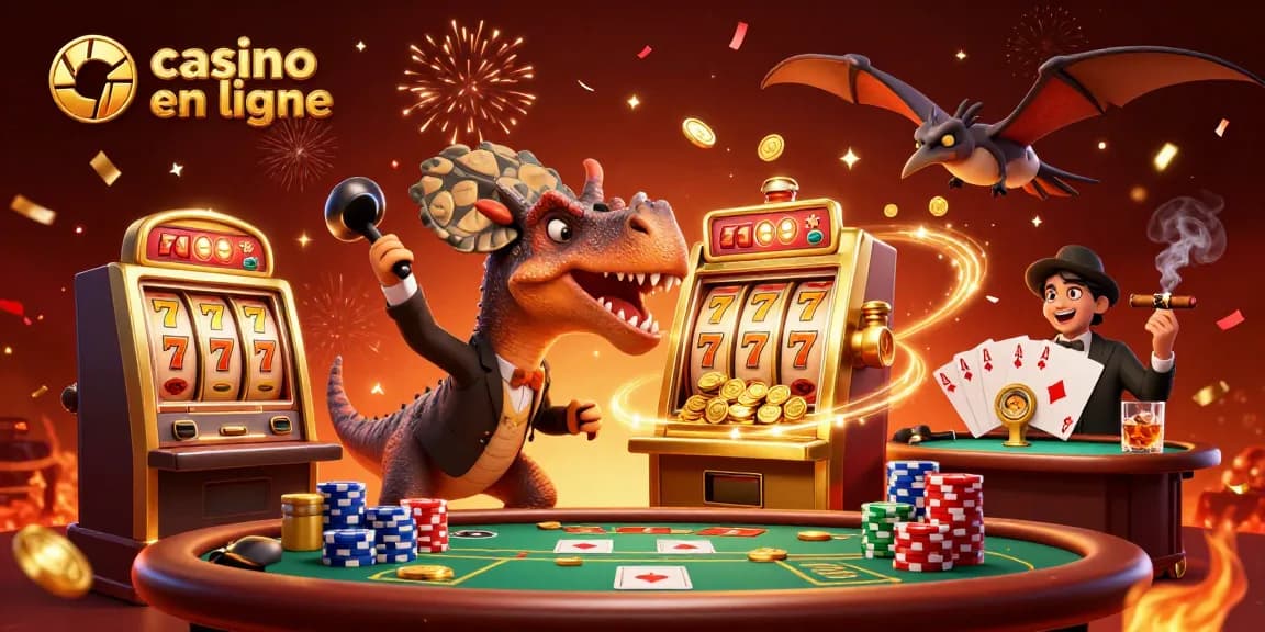 La scène dynamique d'un casino en ligne montrant un pachycéphalosaure interagissant avec une machine à sous.