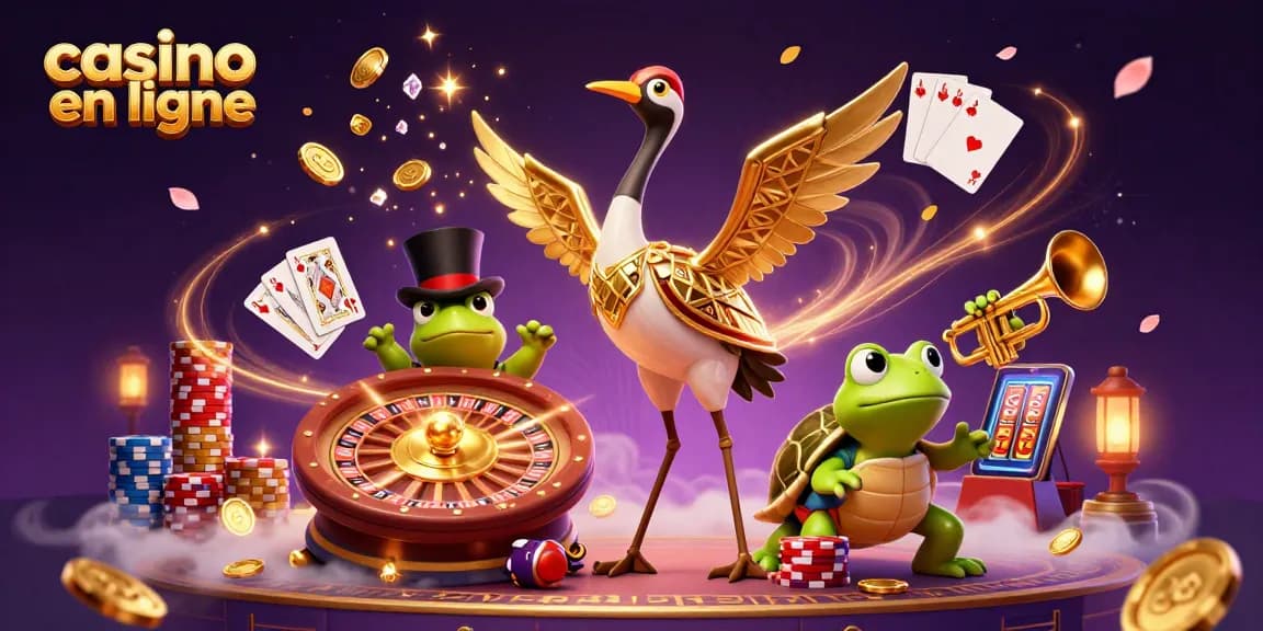 Gagnez avec notre illustration casino en ligne dynamique, remplie de jeux et de personnages enjoués.