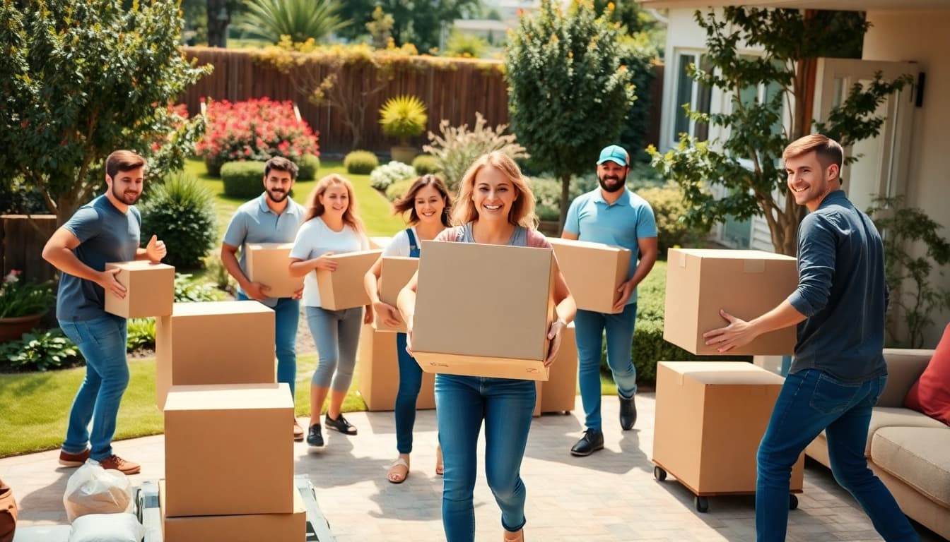 Best Toronto Movers demonstrating professional teamwork in a cheerful moving scenario.