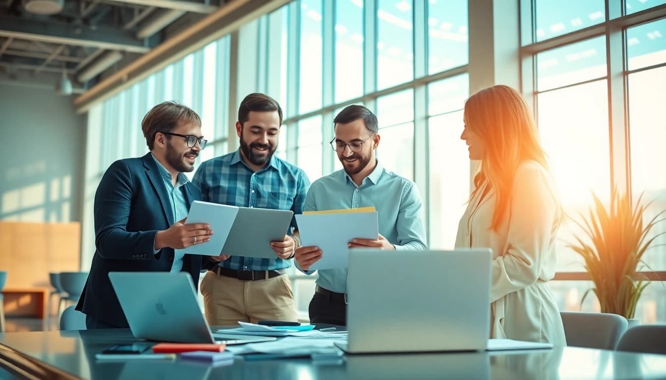 Engaging scene of social media marketing team strategizing in a bright office.