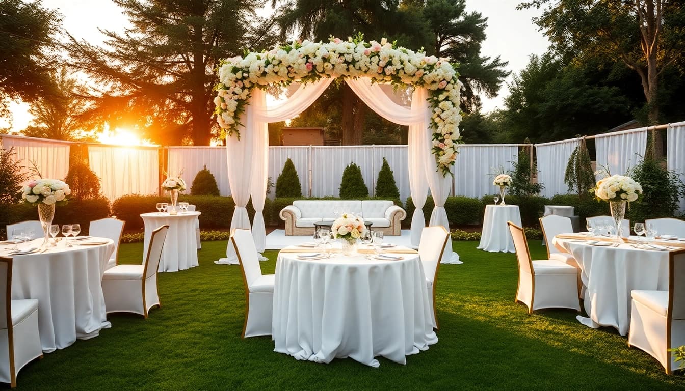 Stunning wedding & event rentals set in an enchanting garden atmosphere, showcasing detailed decor and seating.