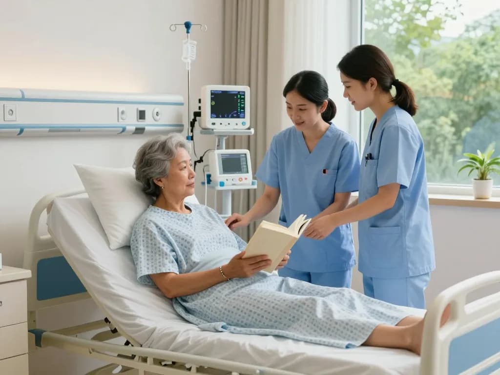 giường bệnh nhân in a hospital room with patient and nurse caring