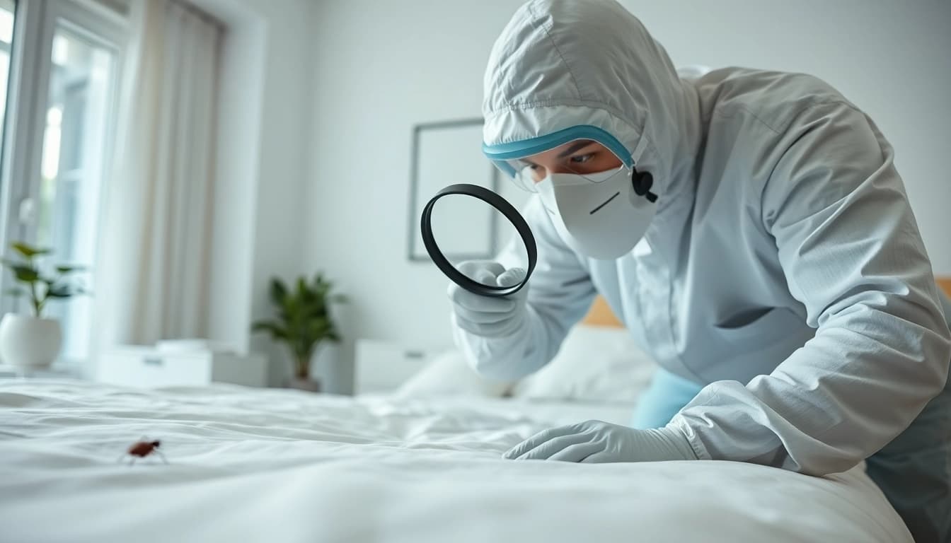 Inspecting bed for pests with a bed bug company near me, showcasing professional service and care.