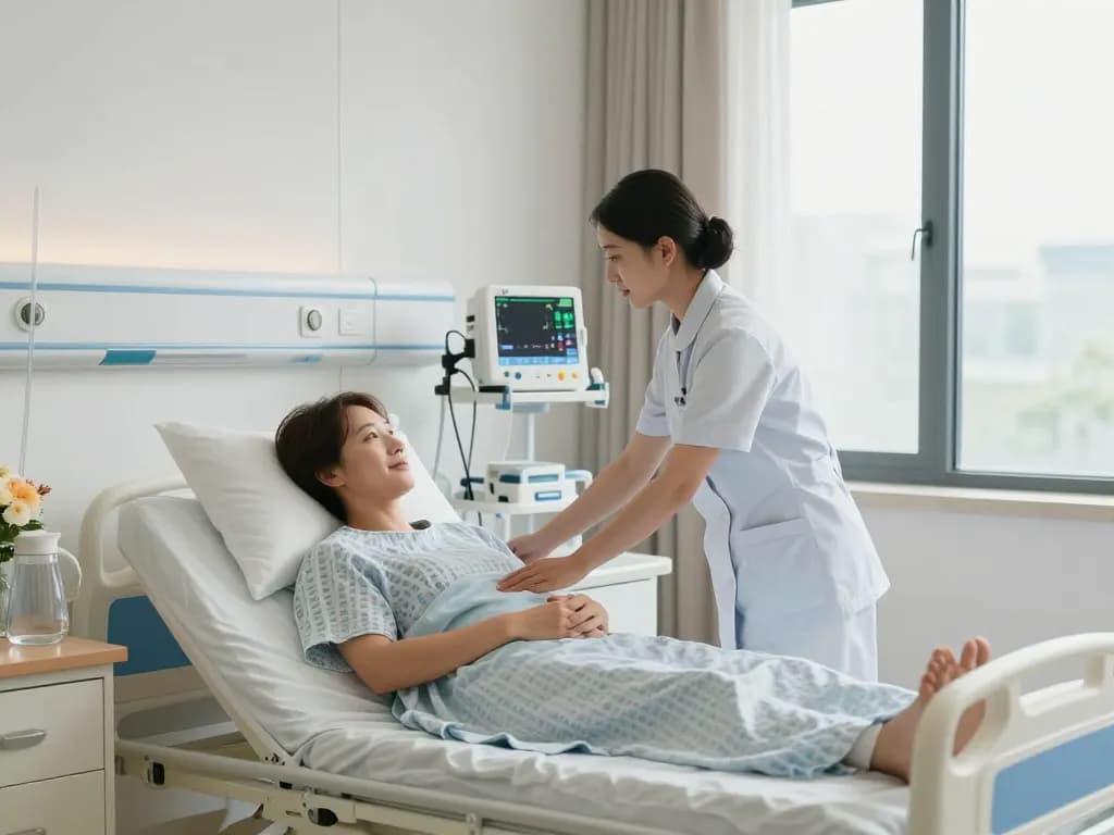 giường bệnh nhân in a serene hospital setting, nurse assisting patient with care and comfort