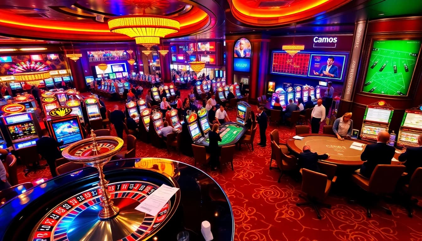 Environnement de casino captivant mettant en avant le jeu d'argent réel en France avec des tables colorées et des joueurs.