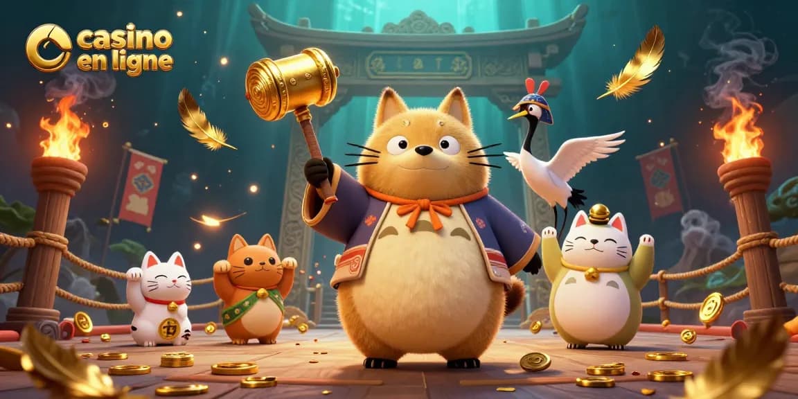 Jouez au casino en ligne avec un tanuki chanceux et des maneki-neko dans une scène festive