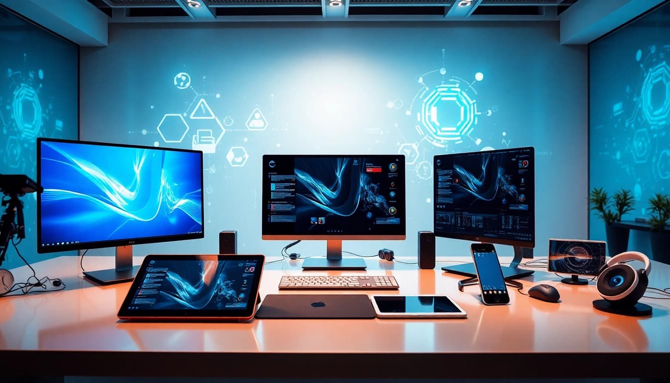 Technology workspace showcasing innovative gadgets and a vibrant atmosphere.