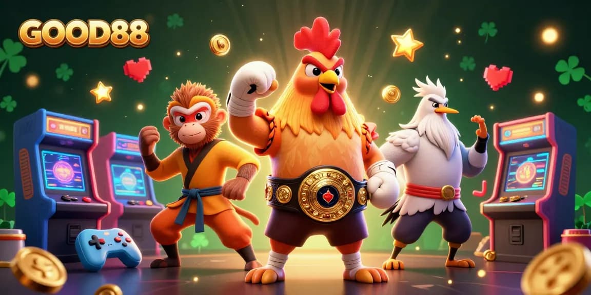 Experience the thrill of GOOD88 with colorful gaming elements and dynamic characters in this vibrant casino scene.