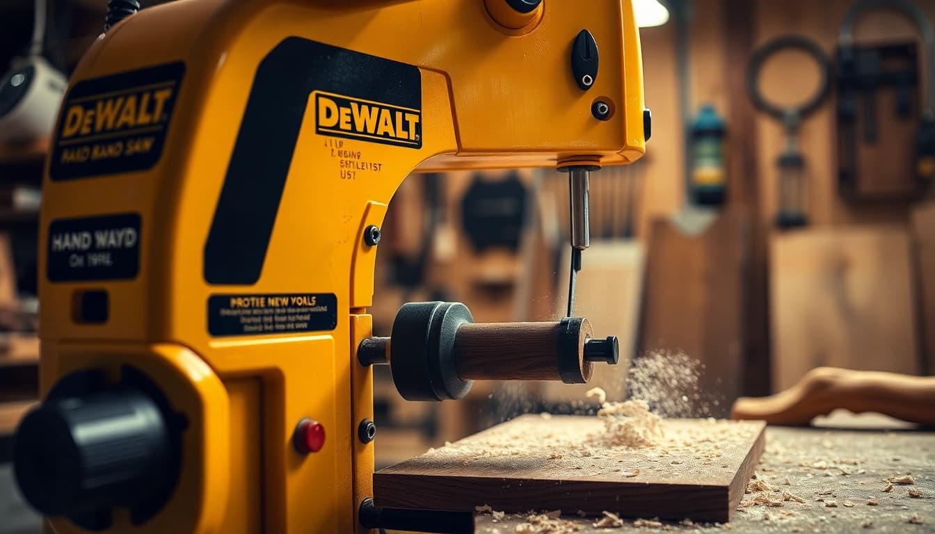 The DeWalt band saw adeptly cuts hardwood, showcasing precision in craftsmanship.